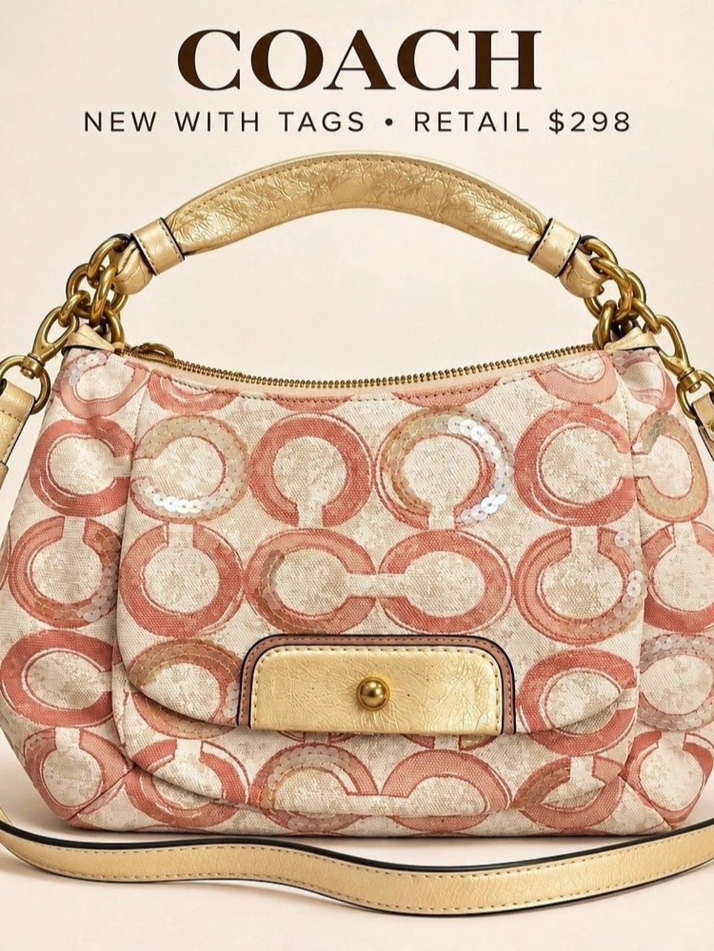 Coach KRI SEQ OP A HOBO Sequin Hobo in Pink & Cream NWT